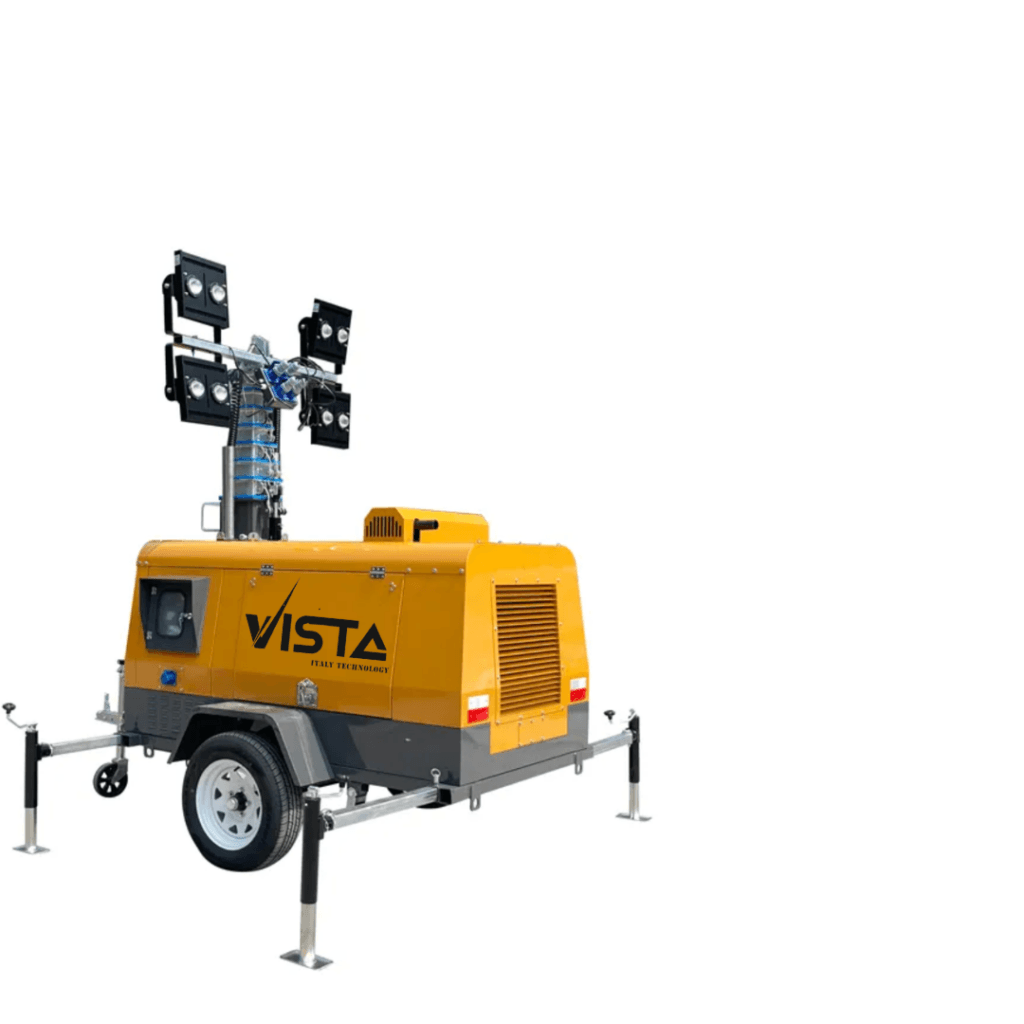 Tour d’éclairage mobile à levage electrique ou bien manuel sur remorque – VISTA
